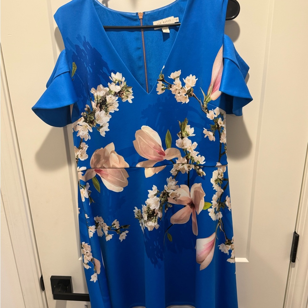 NWOT- Ted Baker Blue Floral Cold-Shoulder Dress Size 5 (10/12) - Picture 5 of 12